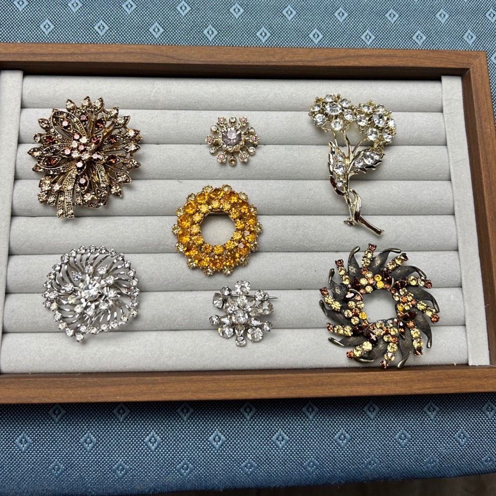 Rhinestone Floral Sunburst Wreath Vintage Brooch Lot 7pc Swirl Amber Filigree